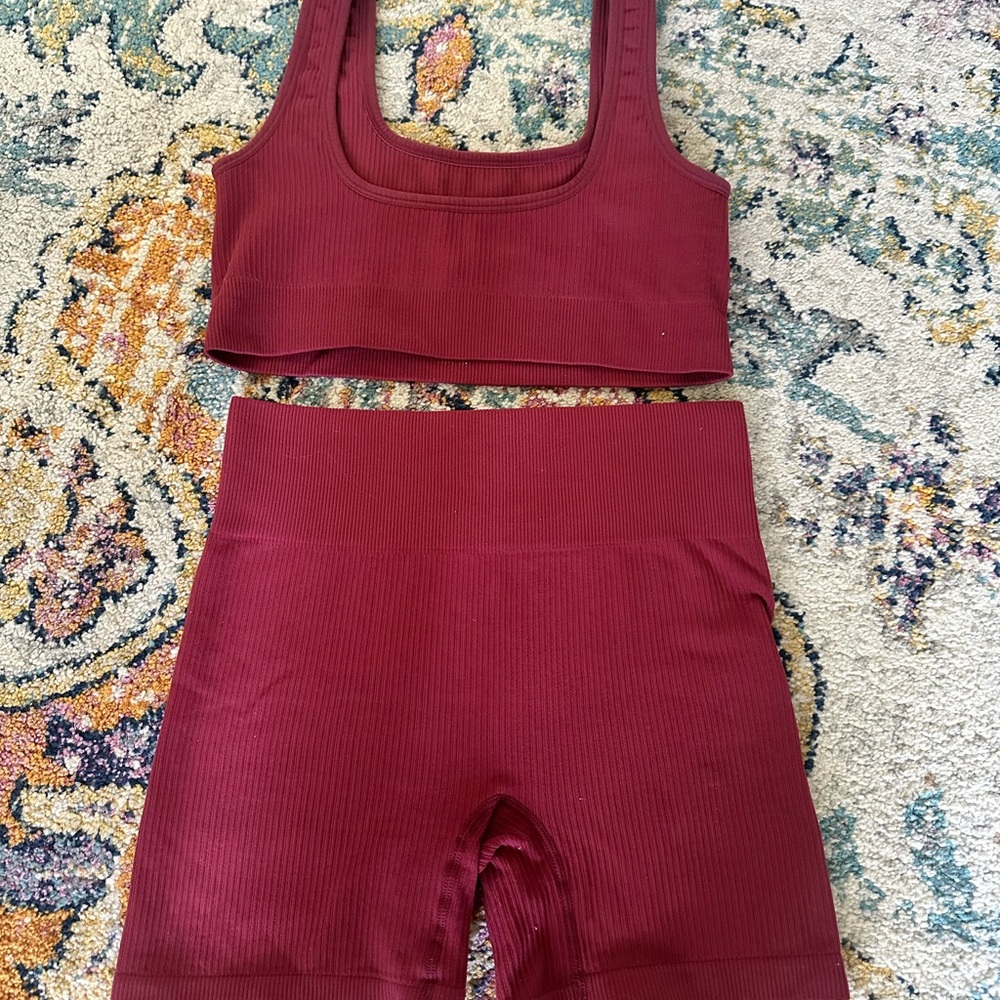 Red Ribbed Sports Bra and Shorts Set